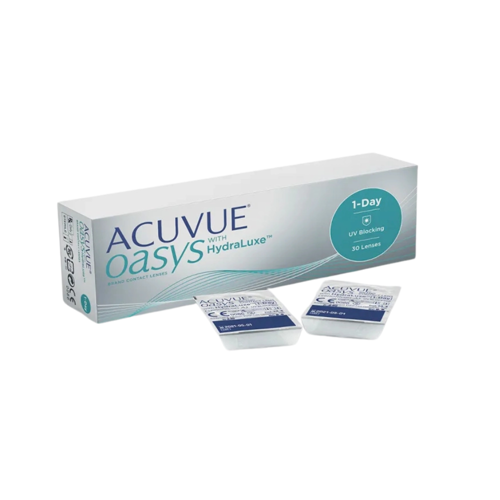 Side view of ACUVUE OASYS 1-Day packaging showing lens details and expiry information