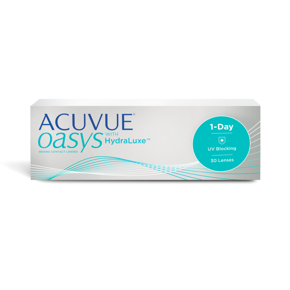 ACUVUE OASYS 1-Day contact lens packaging with HydraLuxe technology for dry eyes and digital screen users”