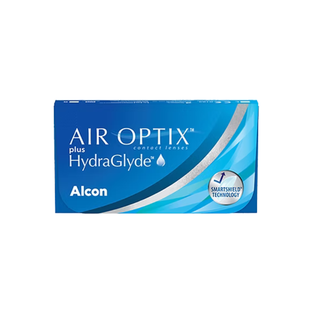 AIR OPTIX plus HydraGlyde monthly contact lenses box by Alcon with SmartShield and HydraGlyde technology